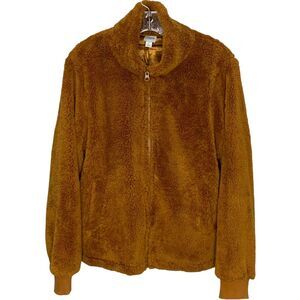 J. Crew Women's Jacket Fleece Sherpa Funnel Neck Teddy Brown Cozy Soft Zip Up‎ L